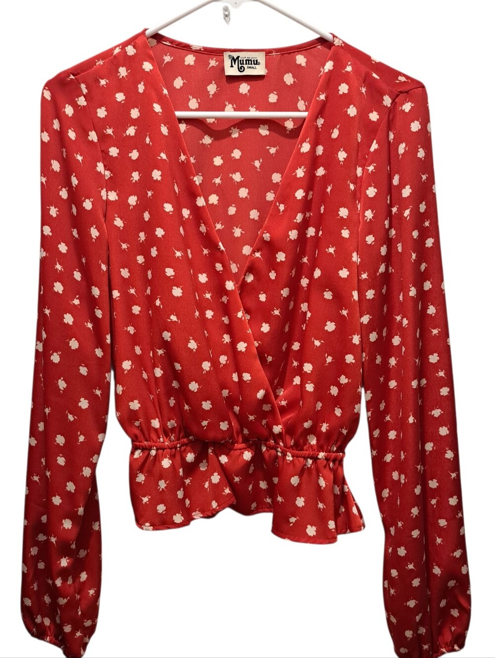 Show Me Your Mumu Boho Surplice Peplum Blouse Long Sleeve Floral Wrap Red Small